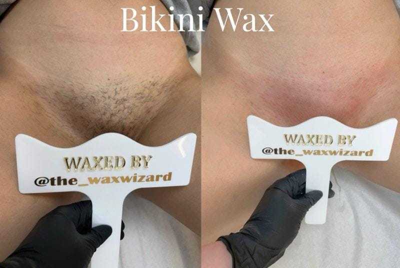 Before and after bikini wax comparison with a wax applicator marked "Waxed by @the_waxwizard".