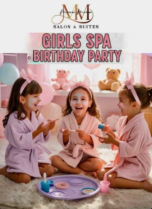 Three young girls in robes enjoying a spa-themed birthday party with face masks and nail polish.