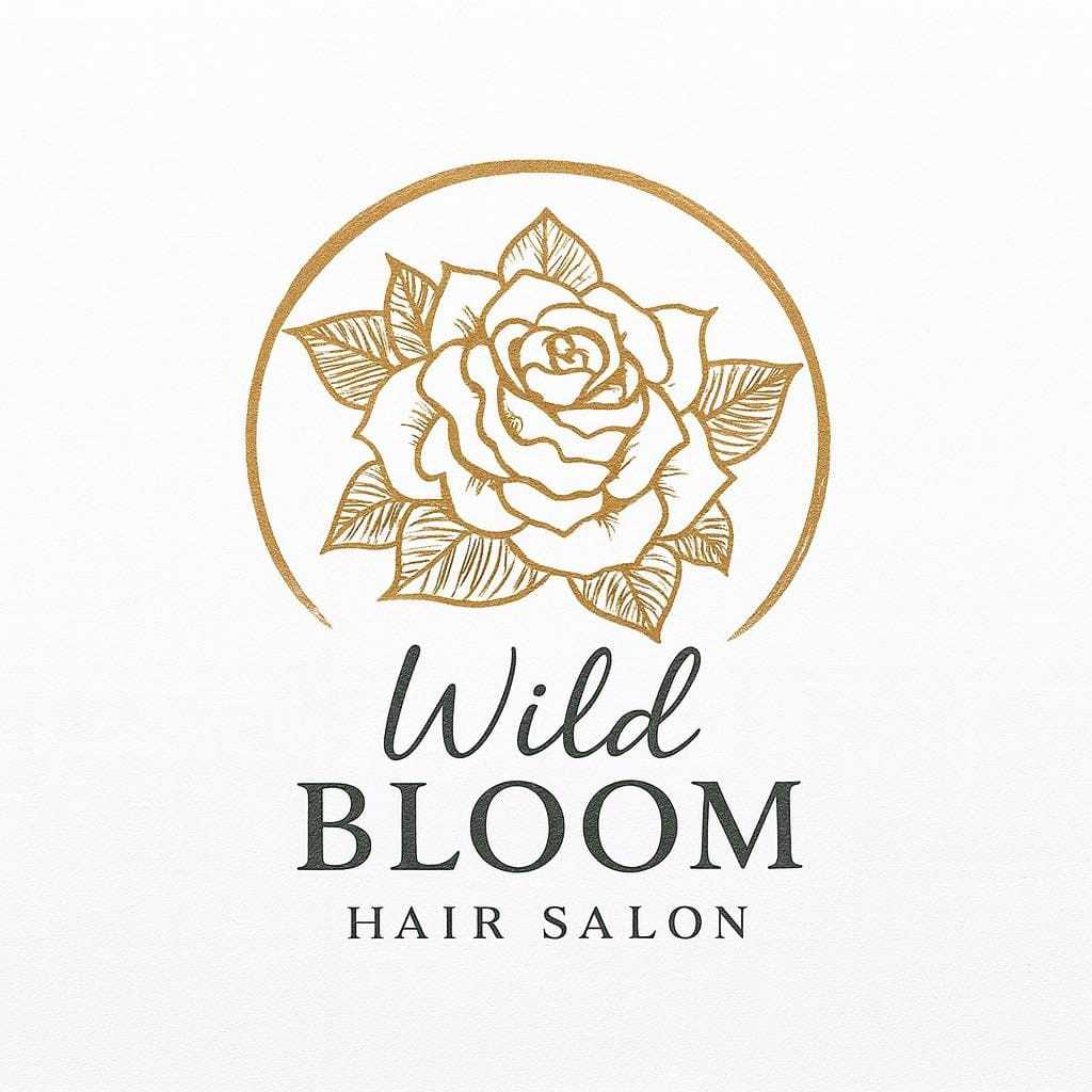Wild Bloom Hair Salon logo with a floral design in gold and black text.