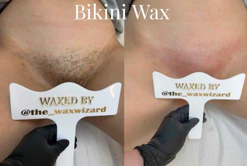 Before and after bikini wax comparison with a wax applicator marked "Waxed by @the_waxwizard".